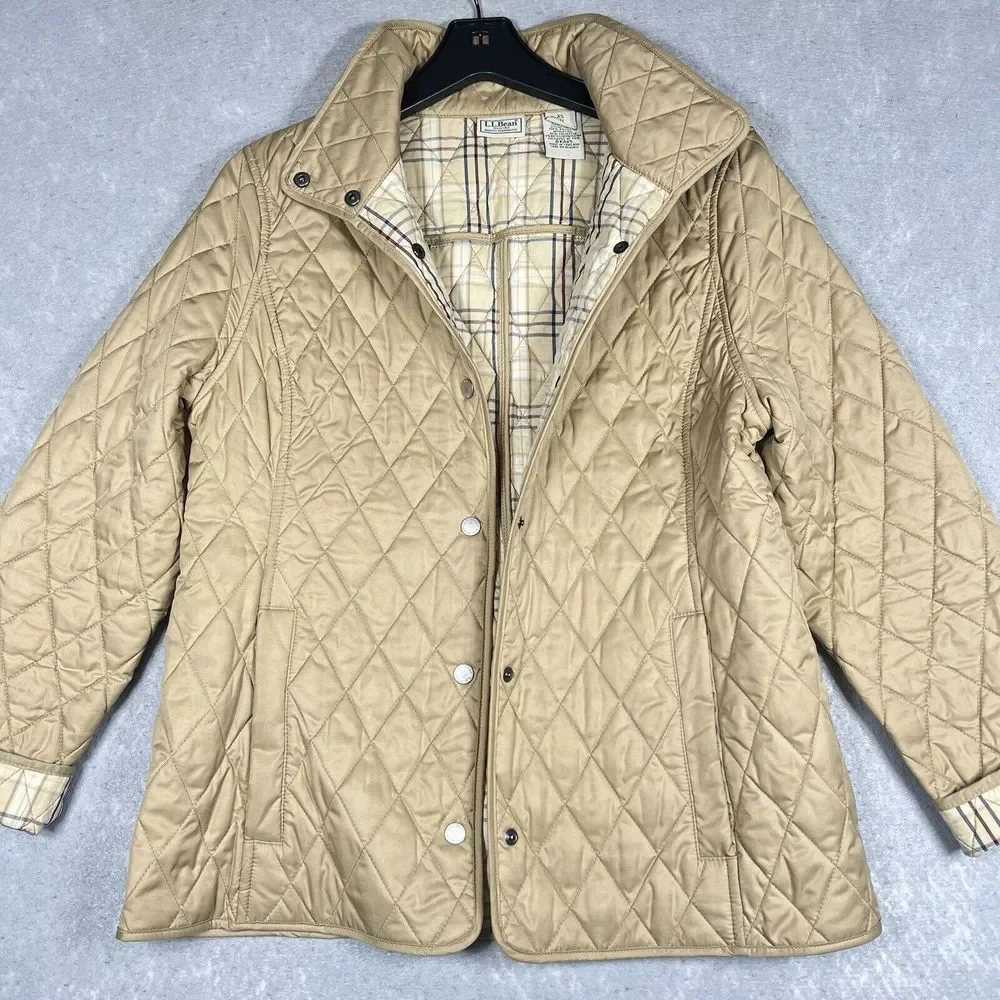 L.L.Bean Gold Quilted Jacket Women Small Tan Nova Check Plaid Lined Snap Button - Picture 2 of 9